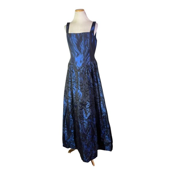 Vintage Ever Beauty Size 14 Blue Taffeta Gown V-Waist Felted Brocade - Picture 1 of 16